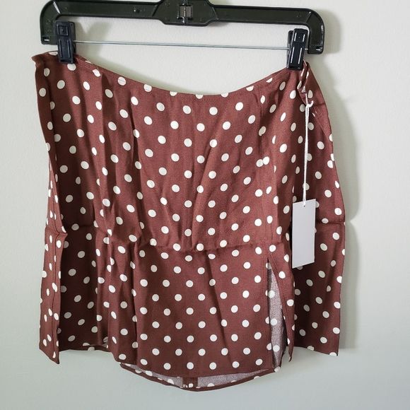 Reformation Margot Polka Dot Mini Skirt Brown Slit - Picture 2 of 5